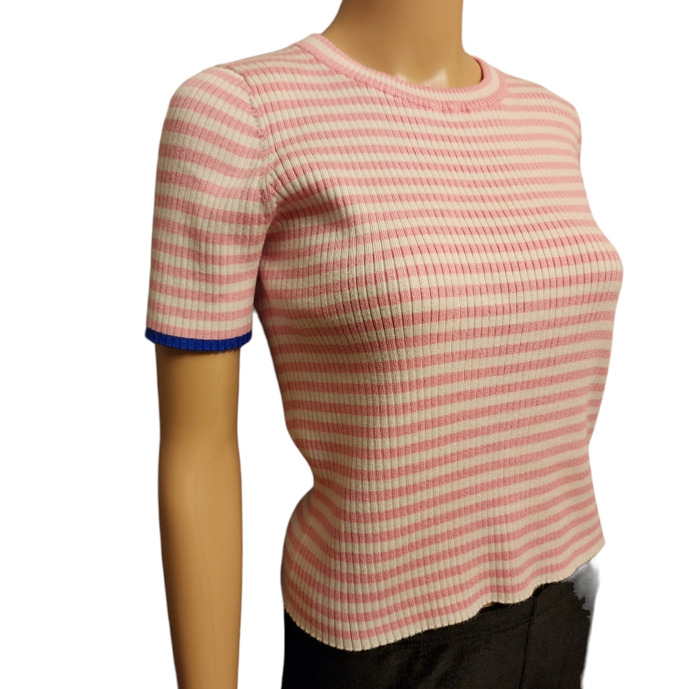 Cotton Emporium Pink and White Stripe Short Sleeve Sweater Size M - Picture 2 of 10